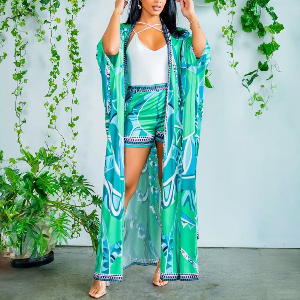 Abstract Green Blue Kimono Shorts Matching Set Size S